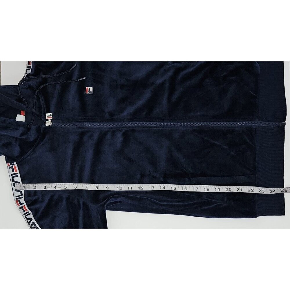 Fila Navy Blue Velour Full Zip Logo Tape Sleeve Stripe Track Jacket Women Medium - Picture 11 of 11